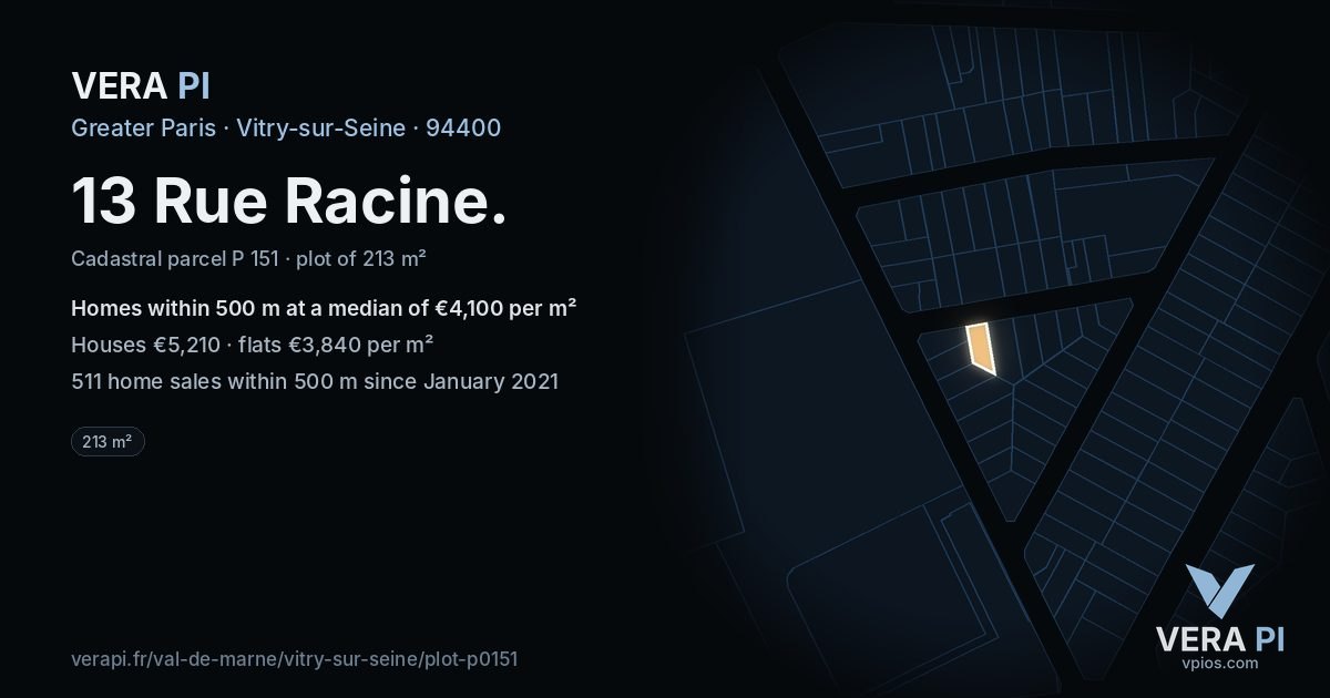 13 Rue Racine, Vitry-sur-Seine at night – the plot lit, the parcels around coloured by the prices near them