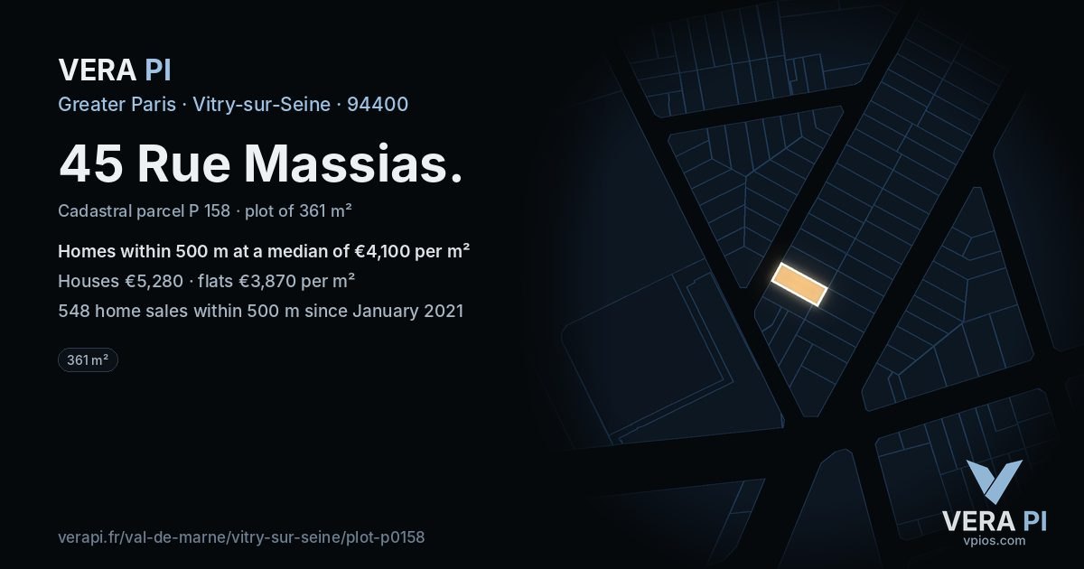 45 Rue Massias, Vitry-sur-Seine at night – the plot lit, the parcels around coloured by the prices near them