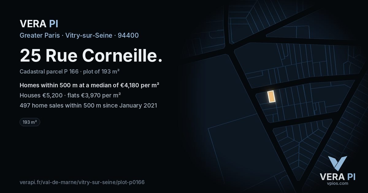 25 Rue Corneille, Vitry-sur-Seine at night – the plot lit, the parcels around coloured by the prices near them