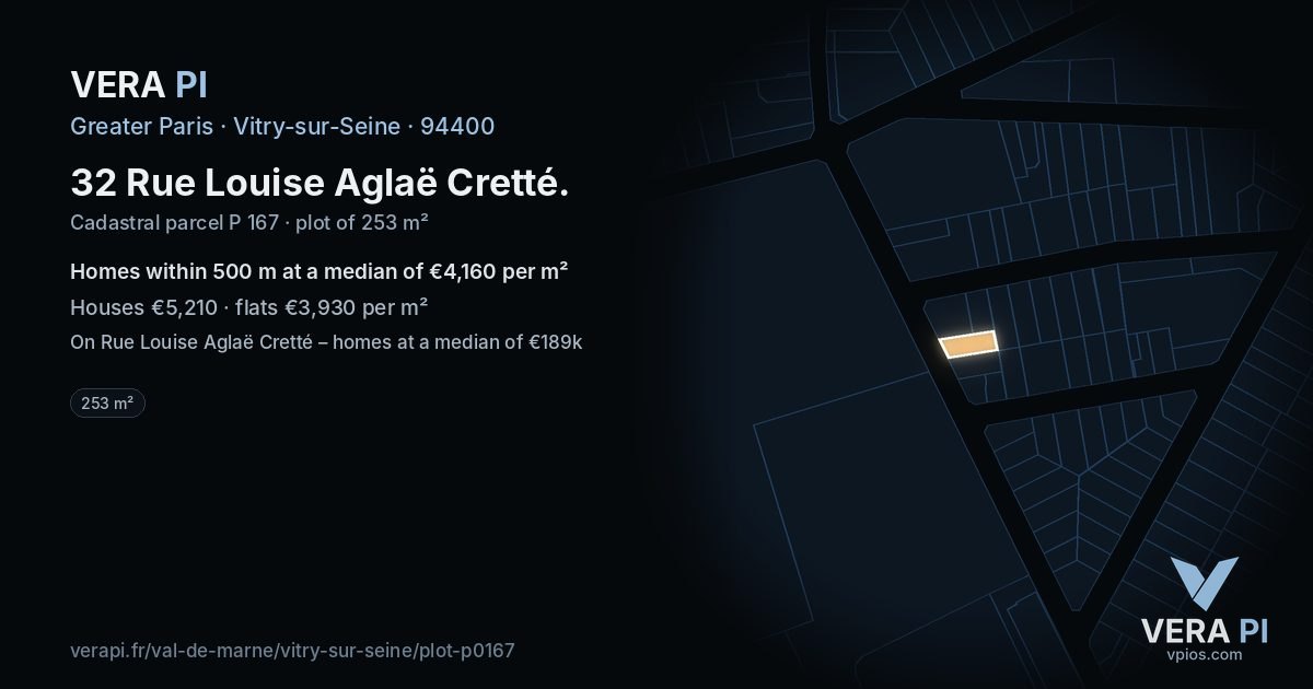 32 Rue Louise Aglaë Cretté, Vitry-sur-Seine at night – the plot lit, the parcels around coloured by the prices near them