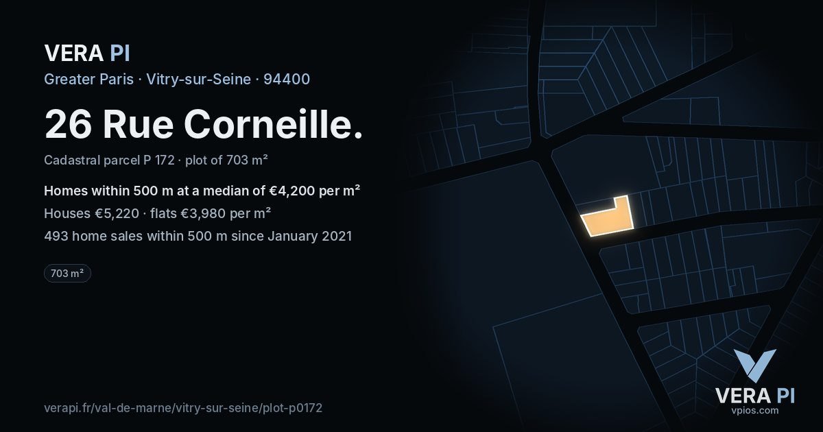 26 Rue Corneille, Vitry-sur-Seine at night – the plot lit, the parcels around coloured by the prices near them