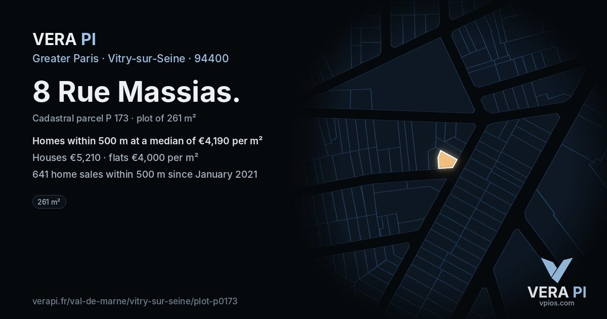 8 Rue Massias, Vitry-sur-Seine at night – the plot lit, the parcels around coloured by the prices near them
