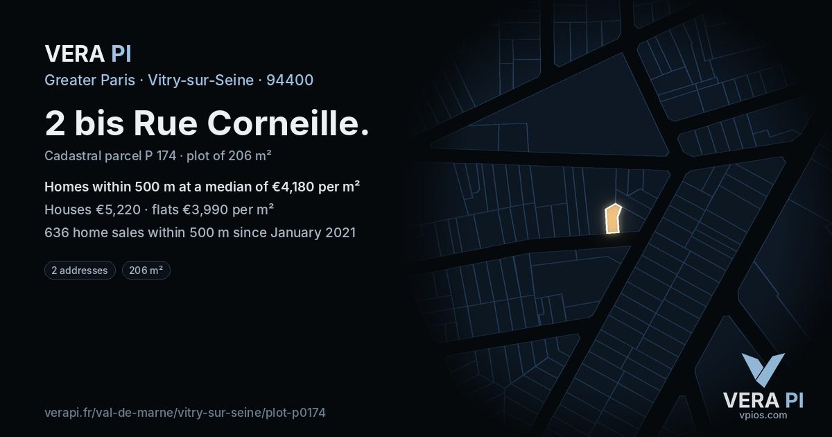 2 bis Rue Corneille, Vitry-sur-Seine at night – the plot lit, the parcels around coloured by the prices near them