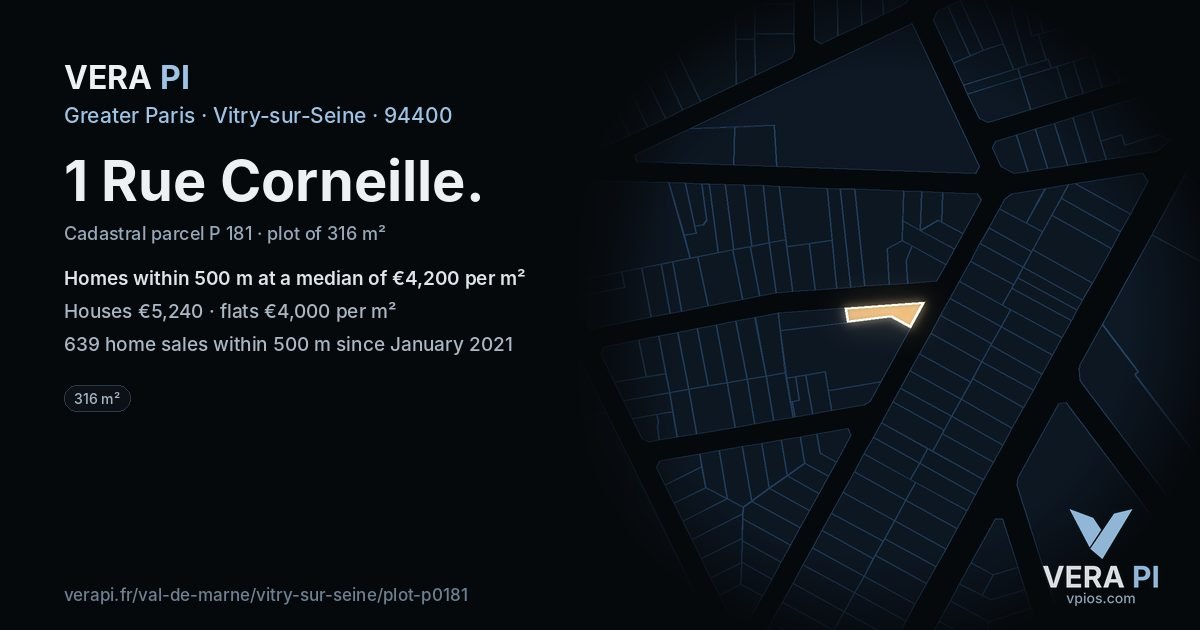 1 Rue Corneille, Vitry-sur-Seine at night – the plot lit, the parcels around coloured by the prices near them