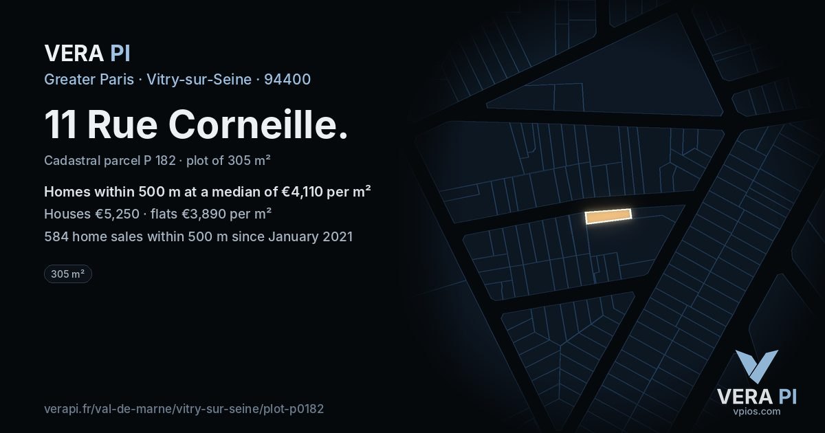 11 Rue Corneille, Vitry-sur-Seine at night – the plot lit, the parcels around coloured by the prices near them