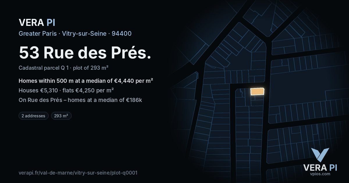 53 Rue des Prés, Vitry-sur-Seine at night – the plot lit, the parcels around coloured by the prices near them