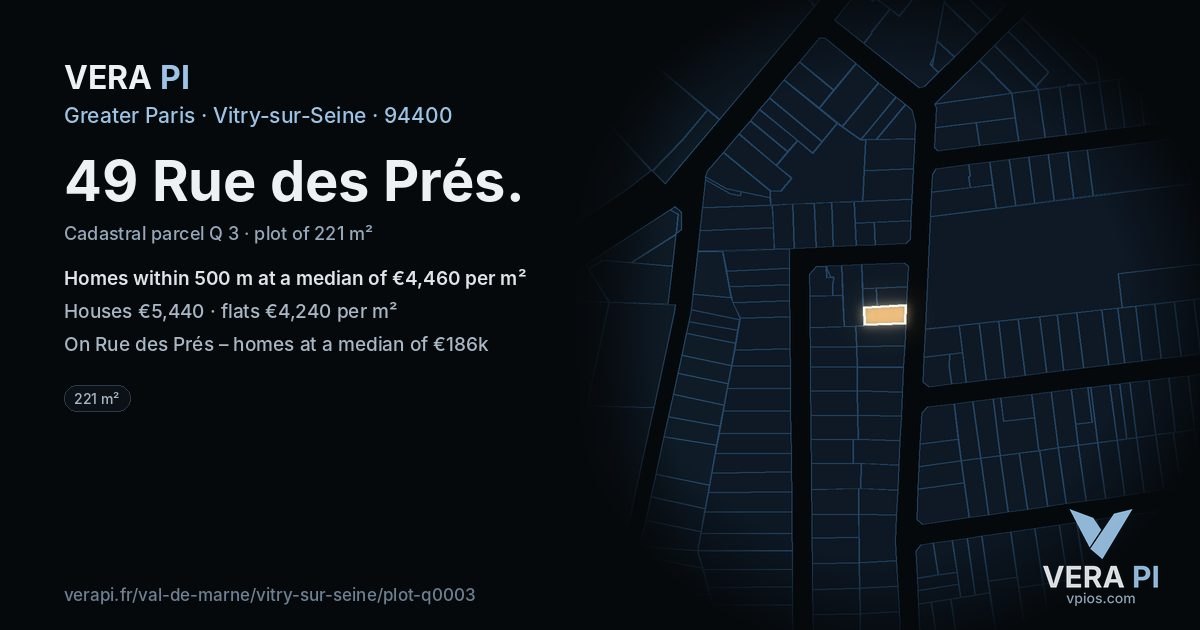 49 Rue des Prés, Vitry-sur-Seine at night – the plot lit, the parcels around coloured by the prices near them