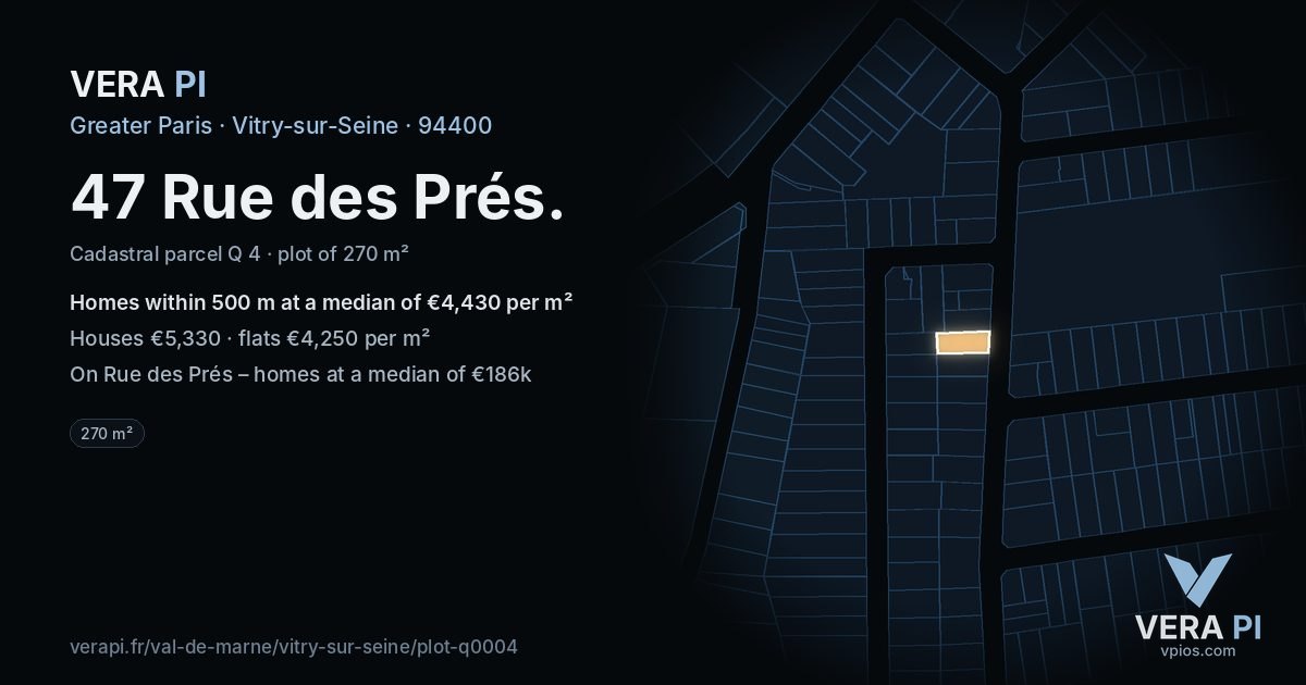 47 Rue des Prés, Vitry-sur-Seine at night – the plot lit, the parcels around coloured by the prices near them
