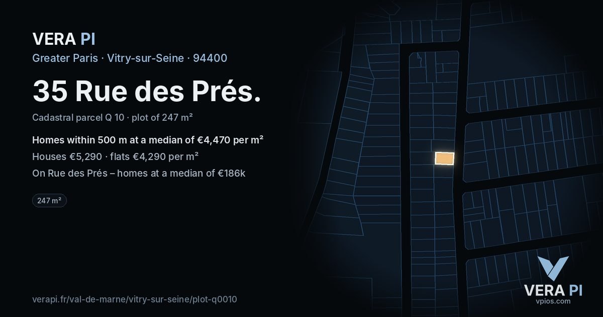 35 Rue des Prés, Vitry-sur-Seine at night – the plot lit, the parcels around coloured by the prices near them