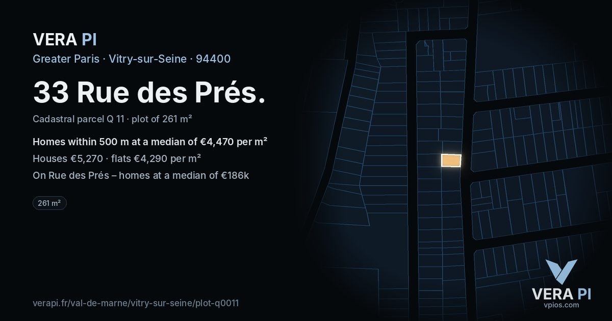 33 Rue des Prés, Vitry-sur-Seine at night – the plot lit, the parcels around coloured by the prices near them