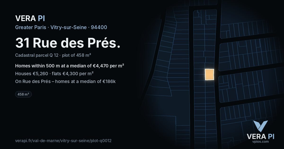 31 Rue des Prés, Vitry-sur-Seine at night – the plot lit, the parcels around coloured by the prices near them