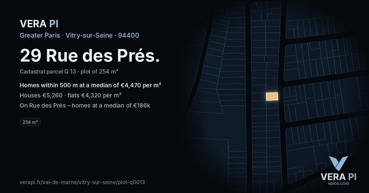 29 Rue des Prés, Vitry-sur-Seine at night – the plot lit, the parcels around coloured by the prices near them