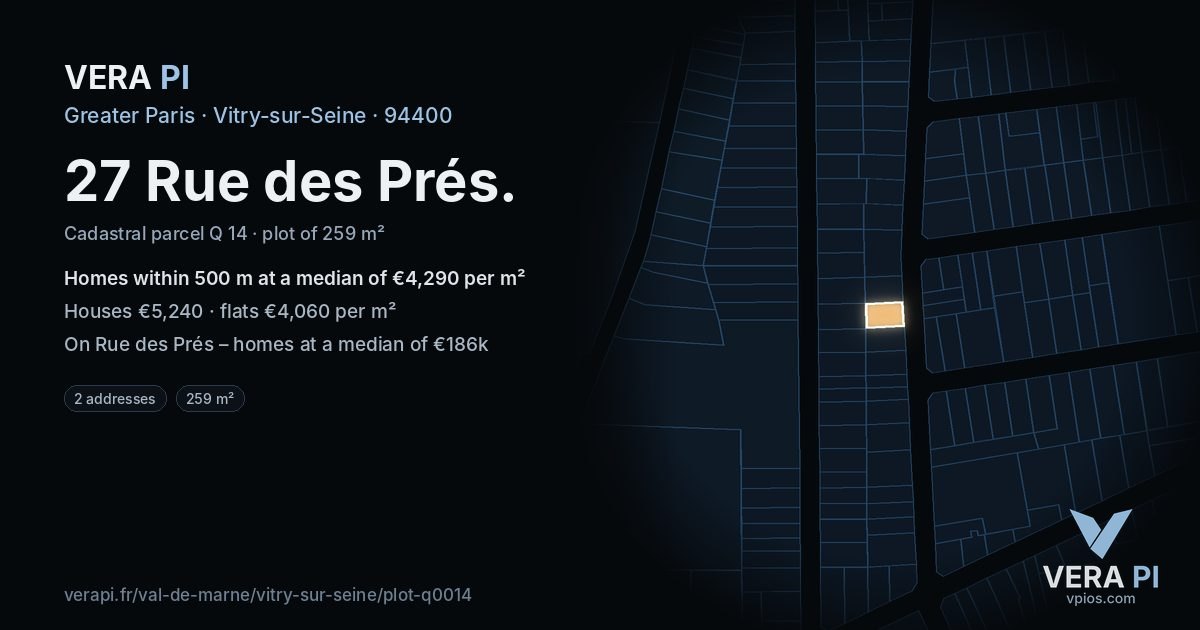 27 Rue des Prés, Vitry-sur-Seine at night – the plot lit, the parcels around coloured by the prices near them