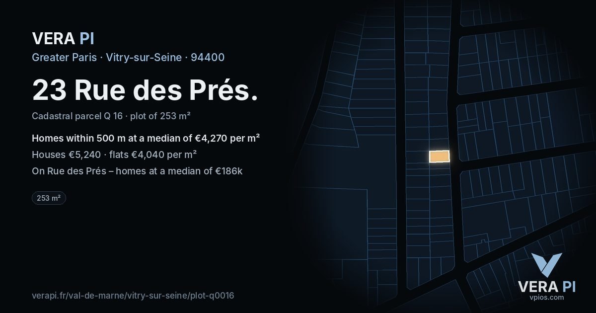 23 Rue des Prés, Vitry-sur-Seine at night – the plot lit, the parcels around coloured by the prices near them