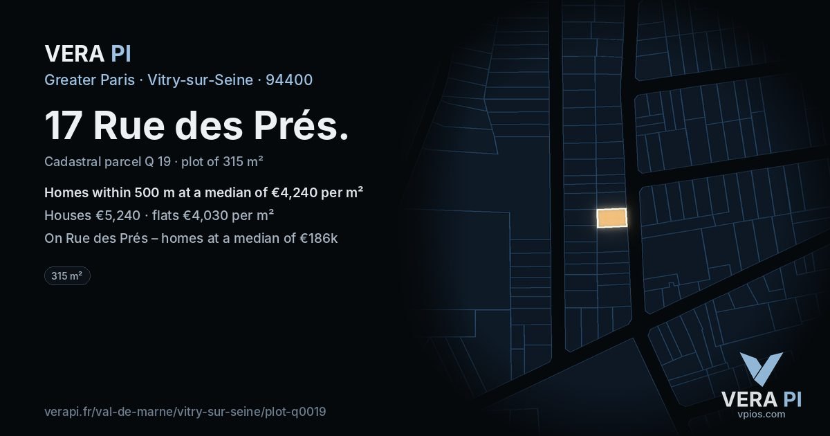 17 Rue des Prés, Vitry-sur-Seine at night – the plot lit, the parcels around coloured by the prices near them