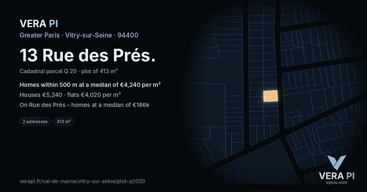13 Rue des Prés, Vitry-sur-Seine at night – the plot lit, the parcels around coloured by the prices near them