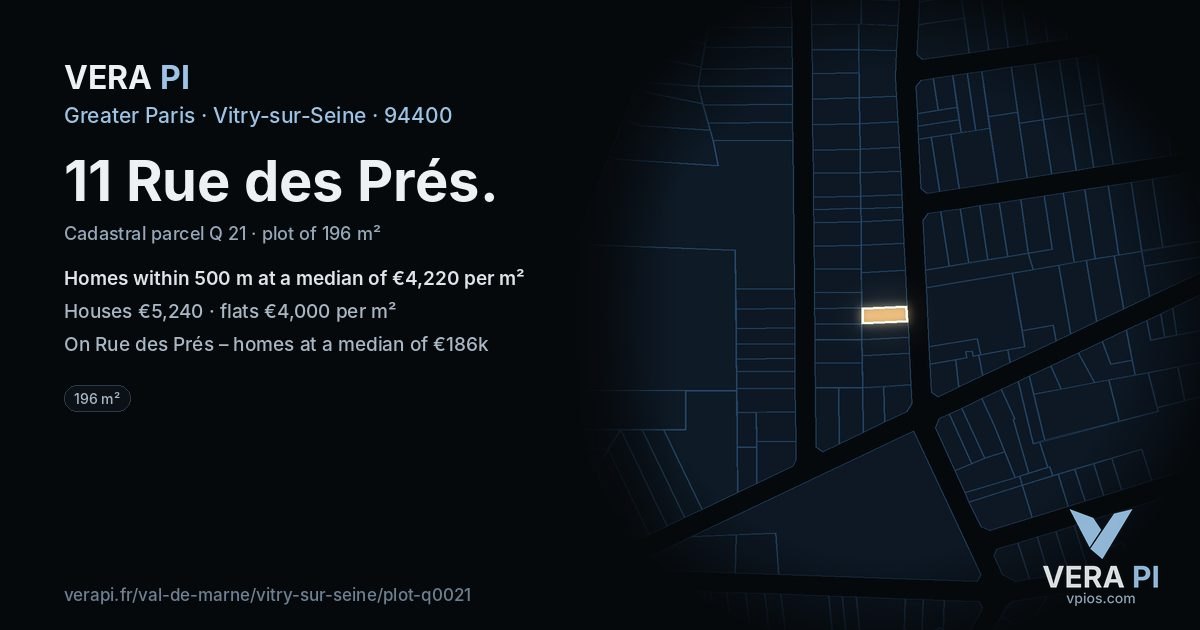 11 Rue des Prés, Vitry-sur-Seine at night – the plot lit, the parcels around coloured by the prices near them