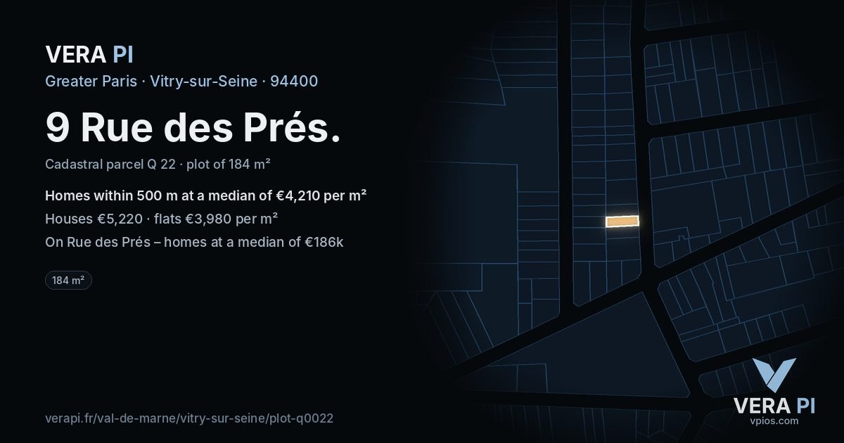 9 Rue des Prés, Vitry-sur-Seine at night – the plot lit, the parcels around coloured by the prices near them
