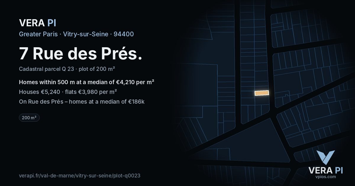 7 Rue des Prés, Vitry-sur-Seine at night – the plot lit, the parcels around coloured by the prices near them