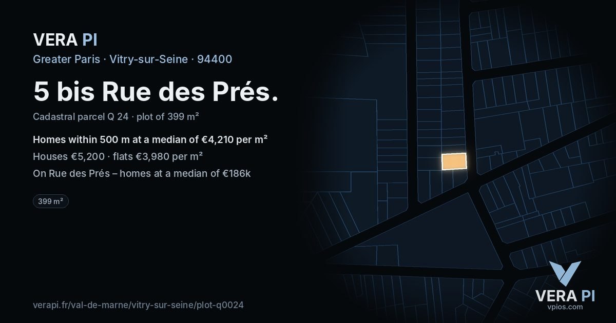 5 bis Rue des Prés, Vitry-sur-Seine at night – the plot lit, the parcels around coloured by the prices near them