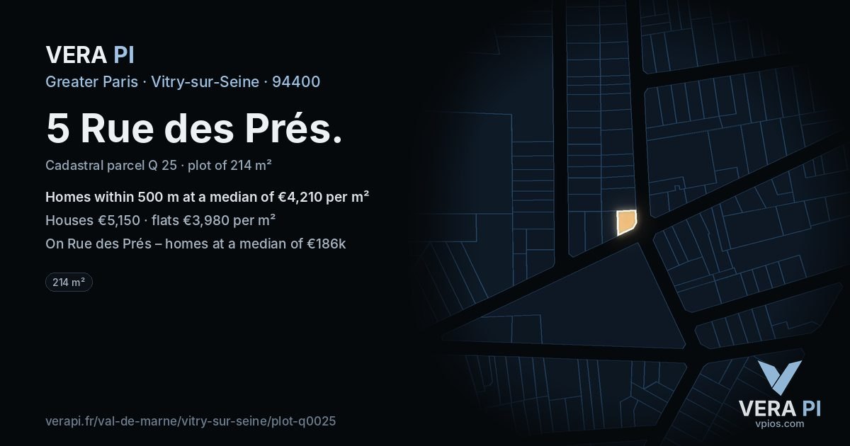 5 Rue des Prés, Vitry-sur-Seine at night – the plot lit, the parcels around coloured by the prices near them