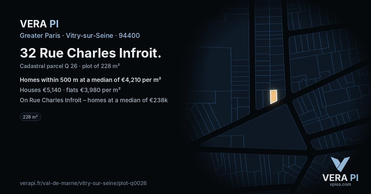 32 Rue Charles Infroit, Vitry-sur-Seine at night – the plot lit, the parcels around coloured by the prices near them