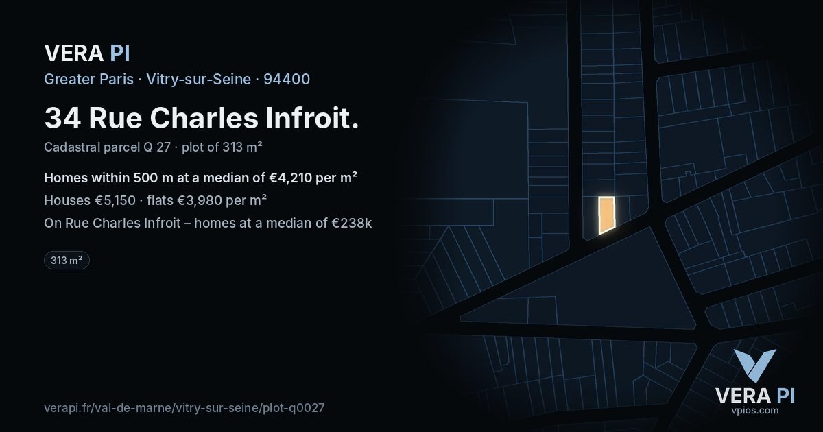 34 Rue Charles Infroit, Vitry-sur-Seine at night – the plot lit, the parcels around coloured by the prices near them