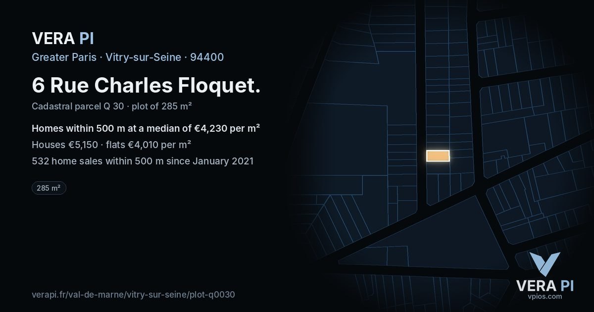 6 Rue Charles Floquet, Vitry-sur-Seine at night – the plot lit, the parcels around coloured by the prices near them
