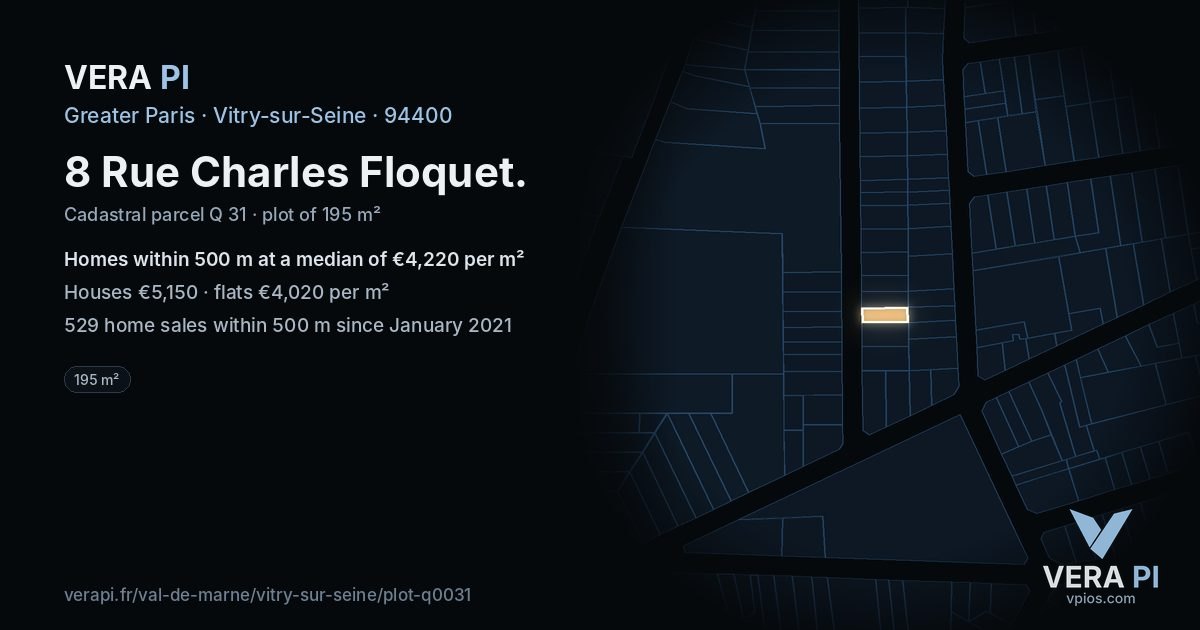 8 Rue Charles Floquet, Vitry-sur-Seine at night – the plot lit, the parcels around coloured by the prices near them