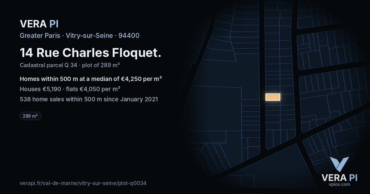 14 Rue Charles Floquet, Vitry-sur-Seine at night – the plot lit, the parcels around coloured by the prices near them