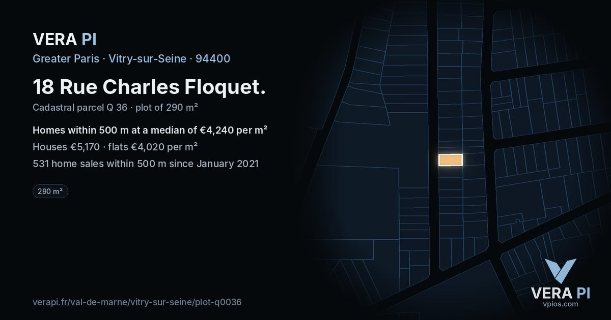 18 Rue Charles Floquet, Vitry-sur-Seine at night – the plot lit, the parcels around coloured by the prices near them