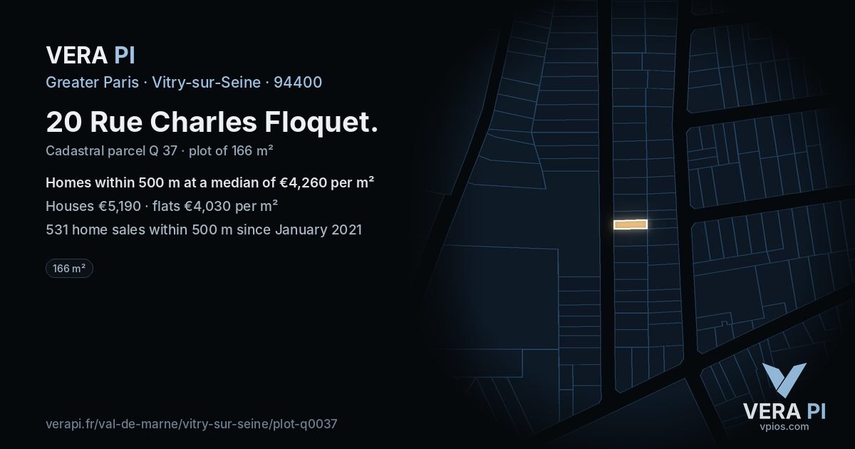 20 Rue Charles Floquet, Vitry-sur-Seine at night – the plot lit, the parcels around coloured by the prices near them