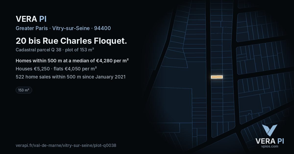 20 bis Rue Charles Floquet, Vitry-sur-Seine at night – the plot lit, the parcels around coloured by the prices near them