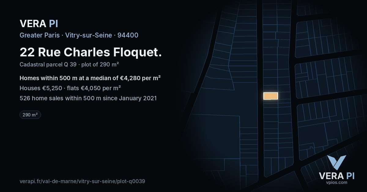 22 Rue Charles Floquet, Vitry-sur-Seine at night – the plot lit, the parcels around coloured by the prices near them