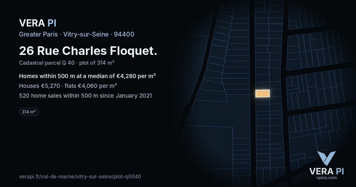 26 Rue Charles Floquet, Vitry-sur-Seine at night – the plot lit, the parcels around coloured by the prices near them