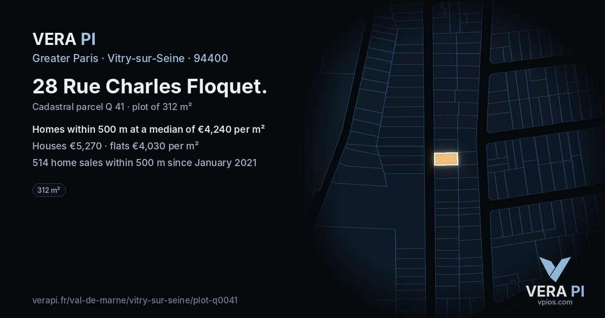 28 Rue Charles Floquet, Vitry-sur-Seine at night – the plot lit, the parcels around coloured by the prices near them