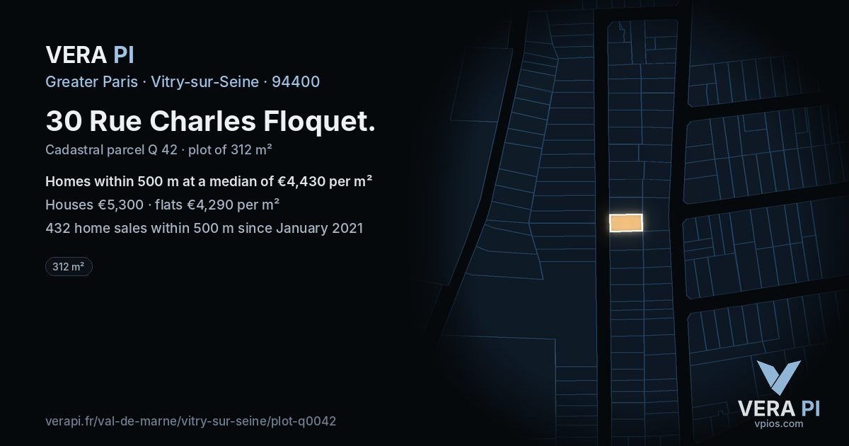 30 Rue Charles Floquet, Vitry-sur-Seine at night – the plot lit, the parcels around coloured by the prices near them