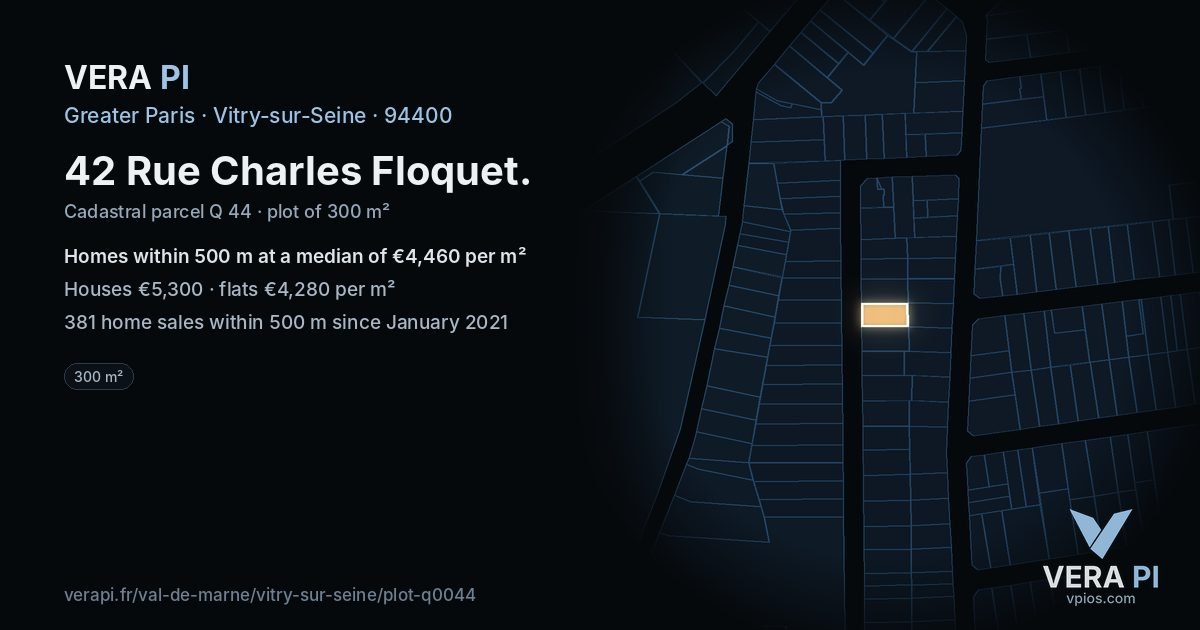 42 Rue Charles Floquet, Vitry-sur-Seine at night – the plot lit, the parcels around coloured by the prices near them