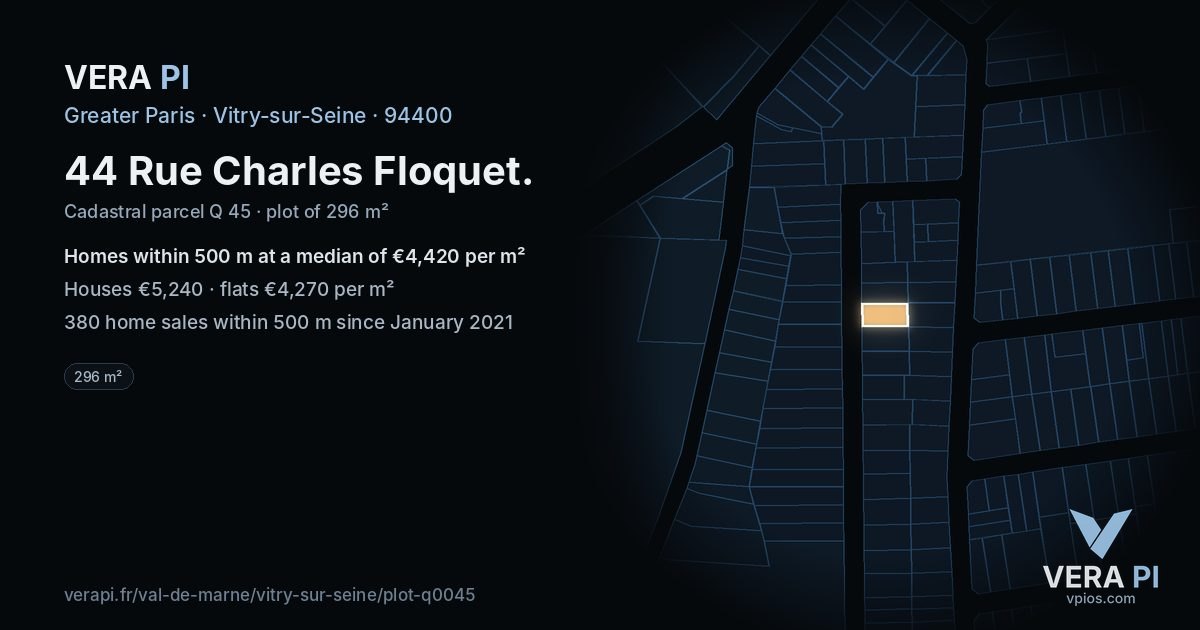 44 Rue Charles Floquet, Vitry-sur-Seine at night – the plot lit, the parcels around coloured by the prices near them