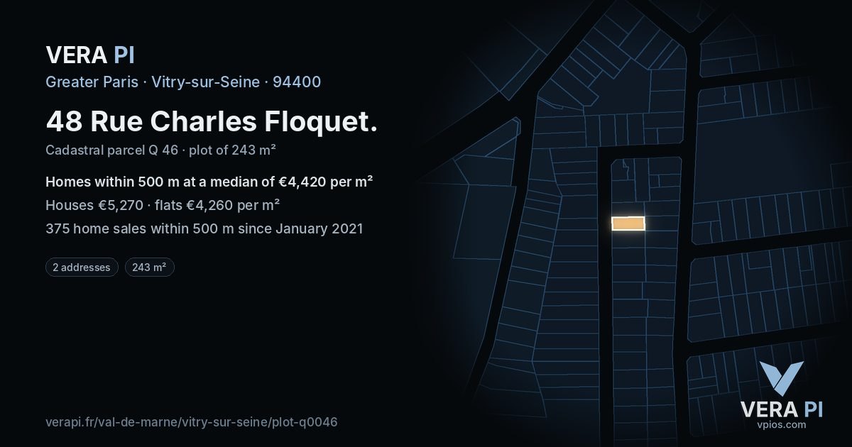 48 Rue Charles Floquet, Vitry-sur-Seine at night – the plot lit, the parcels around coloured by the prices near them