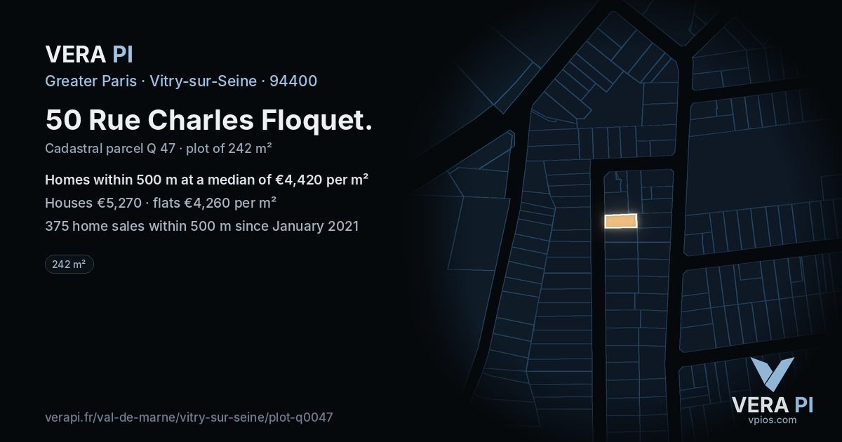 50 Rue Charles Floquet, Vitry-sur-Seine at night – the plot lit, the parcels around coloured by the prices near them