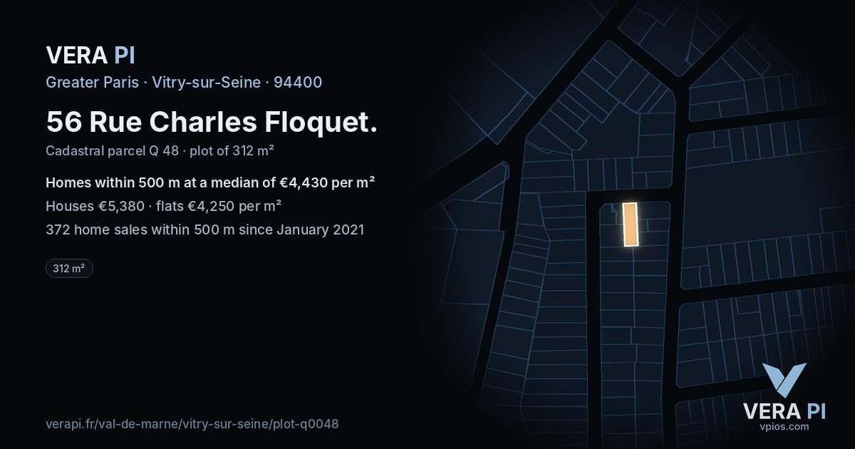 56 Rue Charles Floquet, Vitry-sur-Seine at night – the plot lit, the parcels around coloured by the prices near them