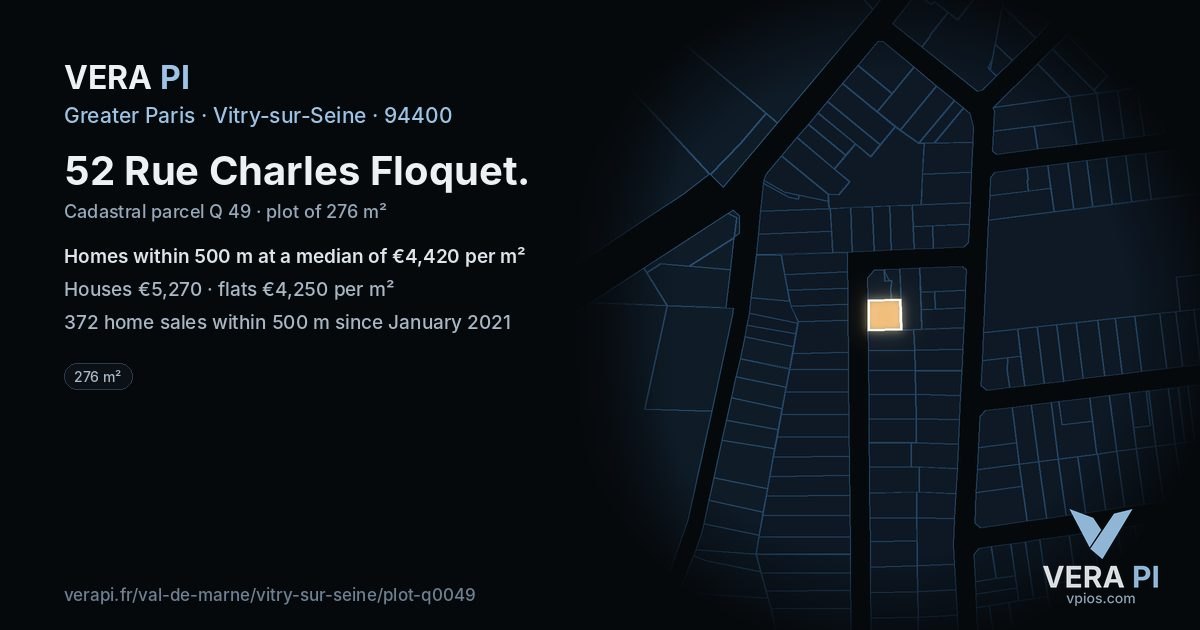 52 Rue Charles Floquet, Vitry-sur-Seine at night – the plot lit, the parcels around coloured by the prices near them