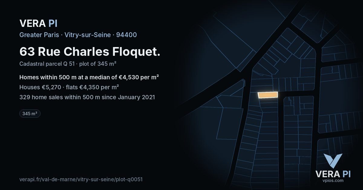 63 Rue Charles Floquet, Vitry-sur-Seine at night – the plot lit, the parcels around coloured by the prices near them