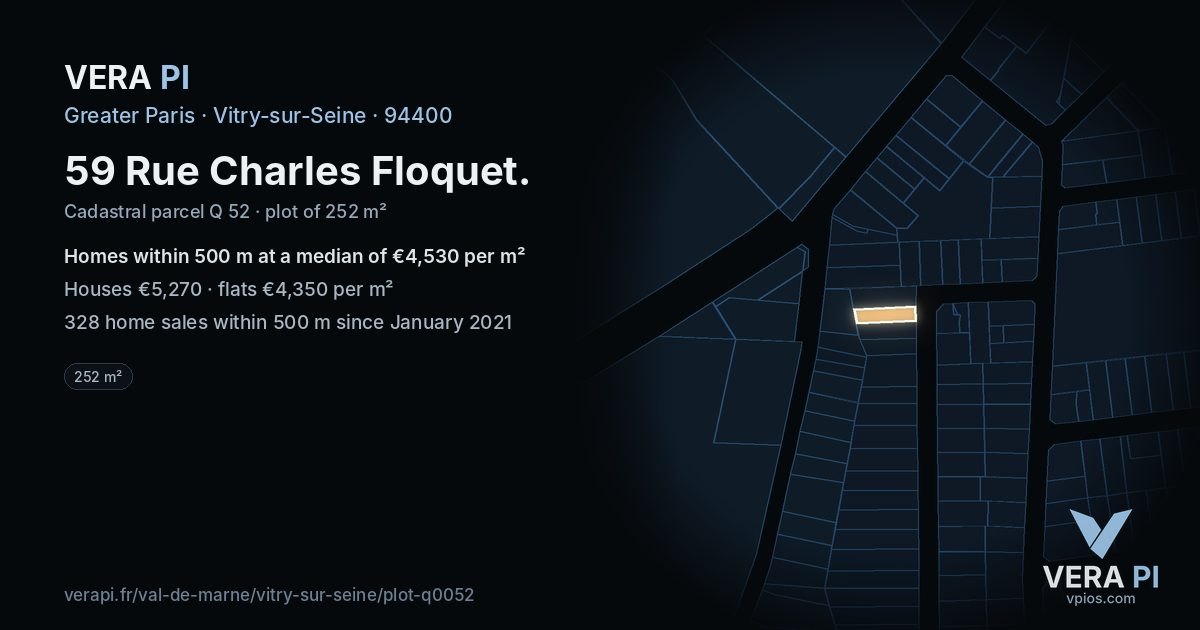 59 Rue Charles Floquet, Vitry-sur-Seine at night – the plot lit, the parcels around coloured by the prices near them
