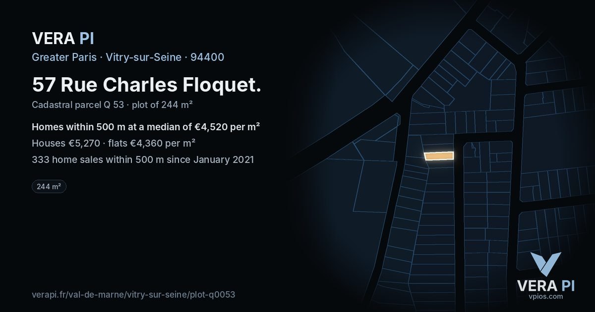 57 Rue Charles Floquet, Vitry-sur-Seine at night – the plot lit, the parcels around coloured by the prices near them
