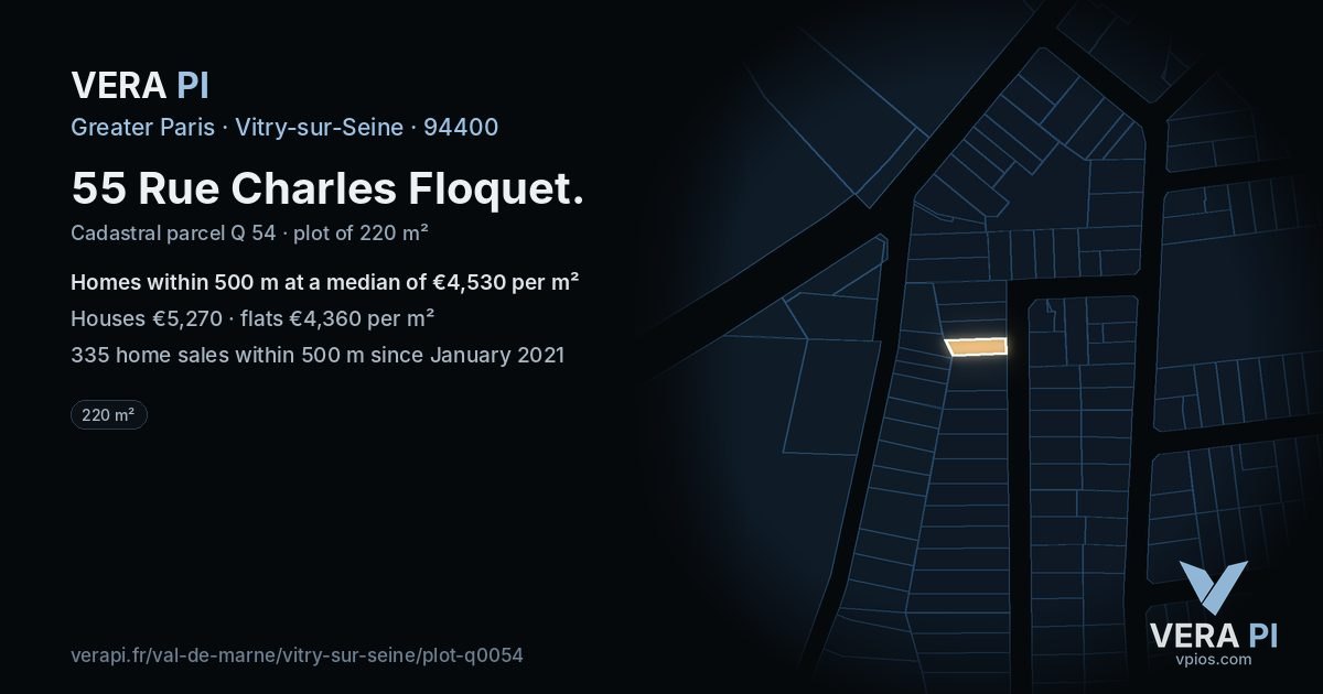 55 Rue Charles Floquet, Vitry-sur-Seine at night – the plot lit, the parcels around coloured by the prices near them