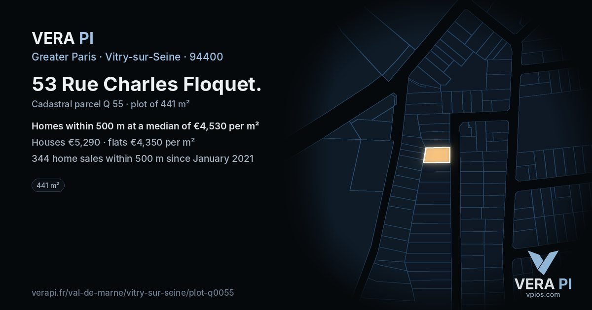 53 Rue Charles Floquet, Vitry-sur-Seine at night – the plot lit, the parcels around coloured by the prices near them