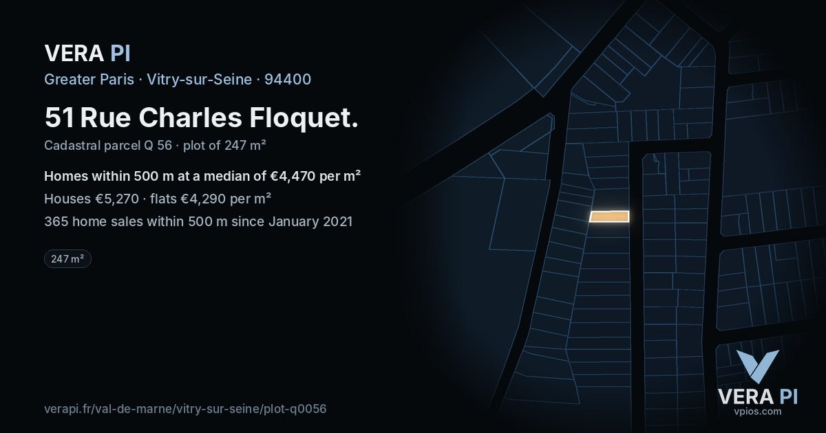 51 Rue Charles Floquet, Vitry-sur-Seine at night – the plot lit, the parcels around coloured by the prices near them