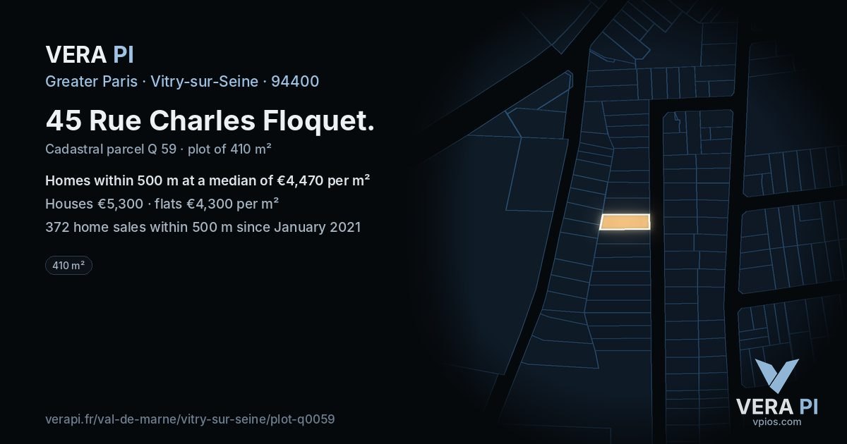 45 Rue Charles Floquet, Vitry-sur-Seine at night – the plot lit, the parcels around coloured by the prices near them